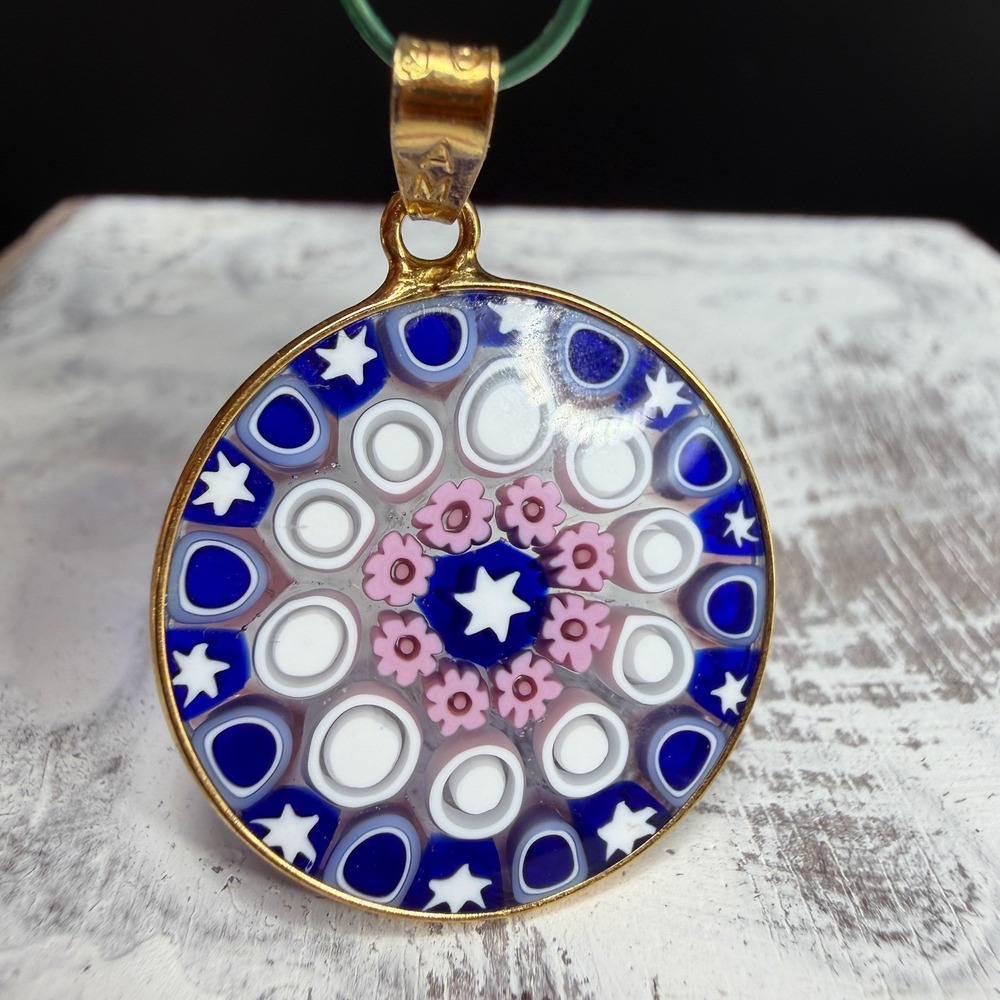 AMV Murano Millefiori Glass Pendant Hand Made Glass Italy Blue Pink Star VTG - Picture 9 of 11